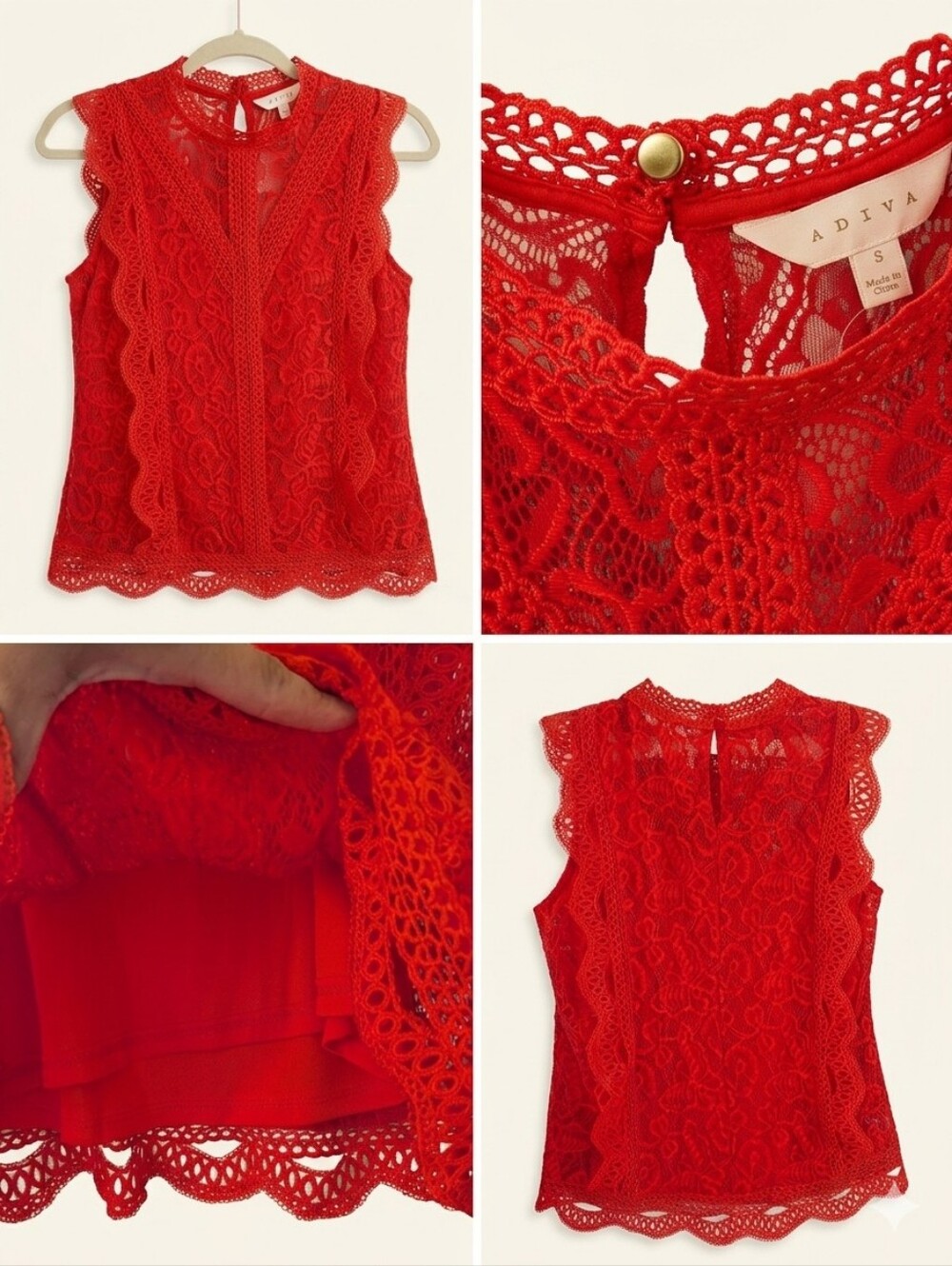 Adiva Vibrant Red Floral Lace Mock Neck Sleeveless Blouse Size S